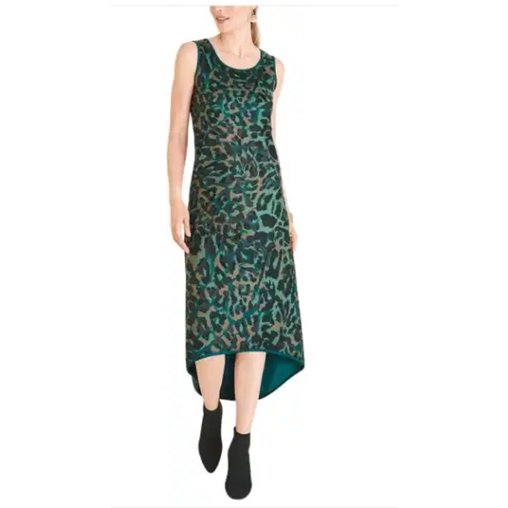 Chico’s High-Low Hem Sleeveless Dress Green Animal Print Size 0 (Small 4-6)‎